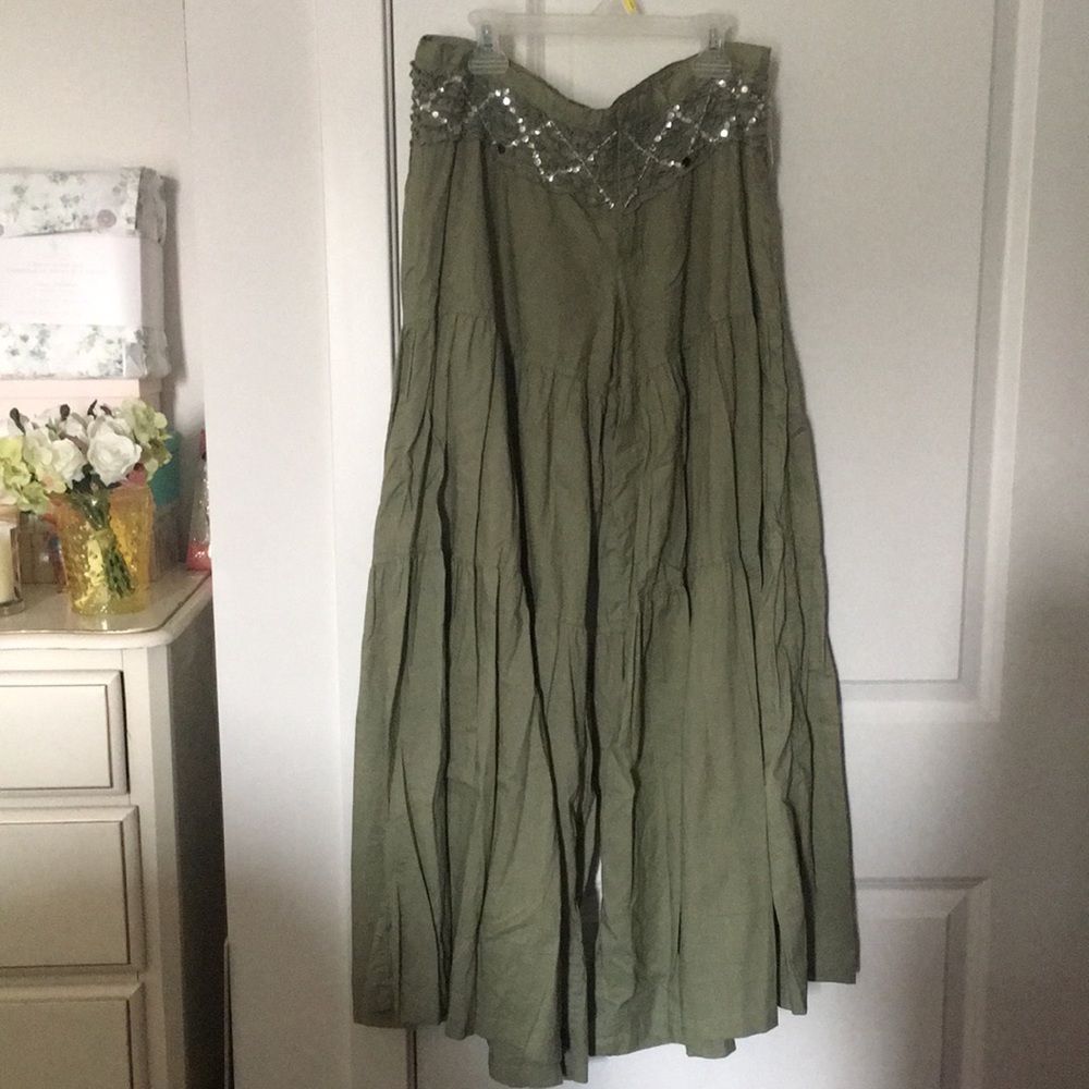 NWOT Military Green Sequins Boho Flare Leg Pants